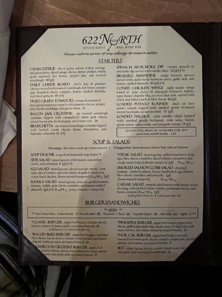 622 North Restaurant and Wine Bar Menu 1