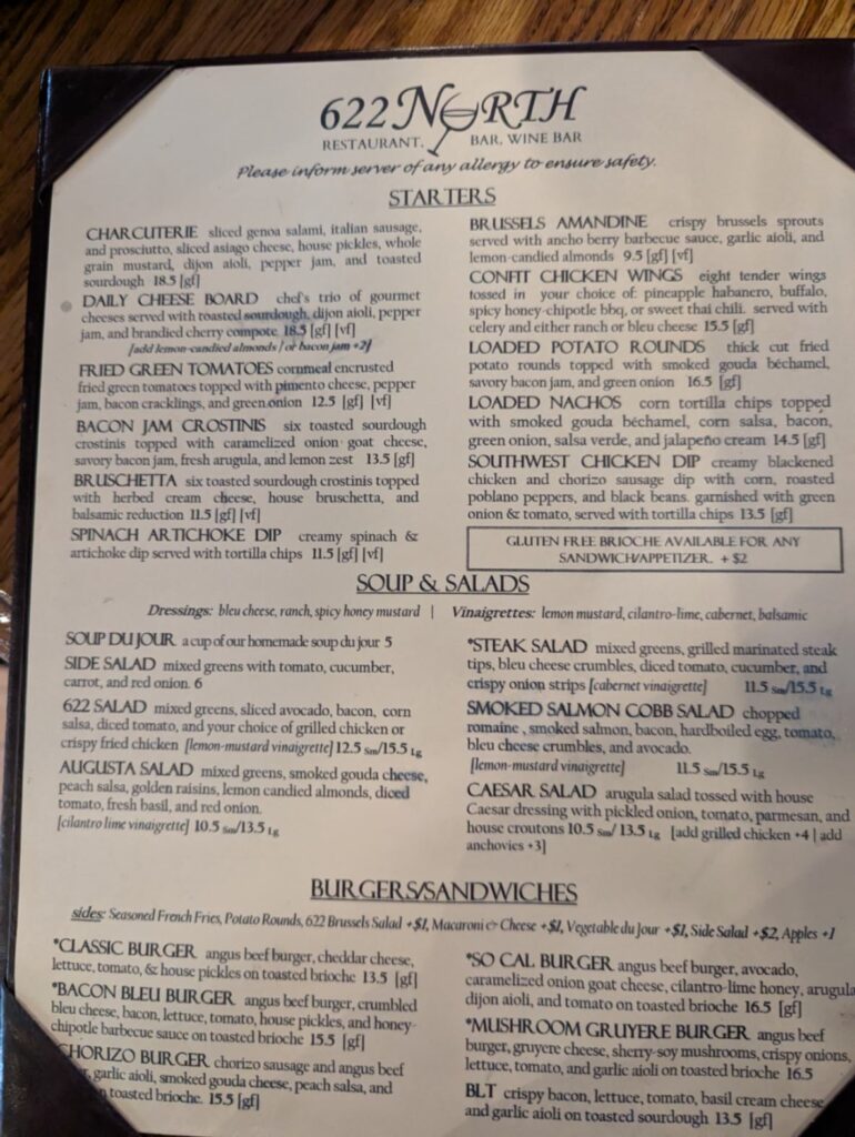 622 North Restaurant and Wine Bar Menu 2