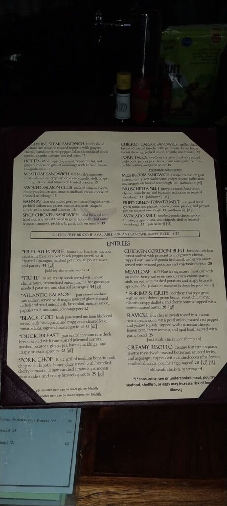 622 North Restaurant and Wine Bar Menu 3
